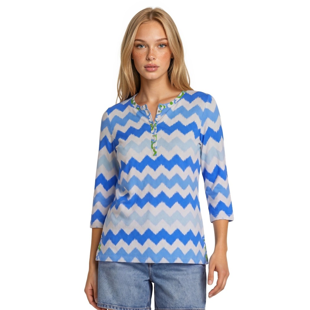 J.McLaughlin Top Blouse Tunic Womens Size XL Blue White Chevron 3/4 Sleeve Scuba
